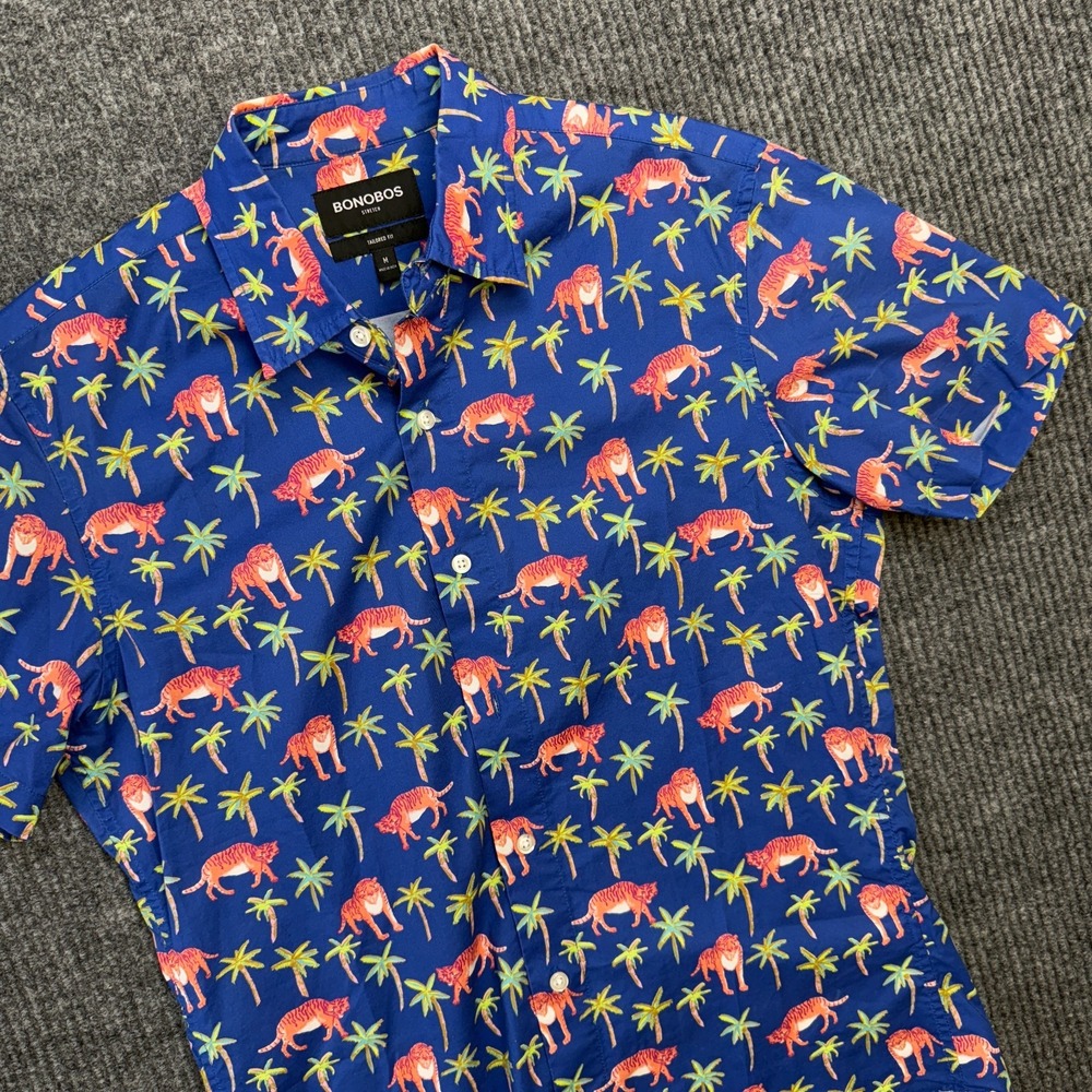 Bonobos Shirt Mens Medium Tailored Fit Blue Riviera Tiger Palm Trees Tropical